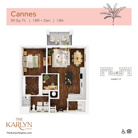 Floor plan for 1 bed, 1 bath, 911 sqft
